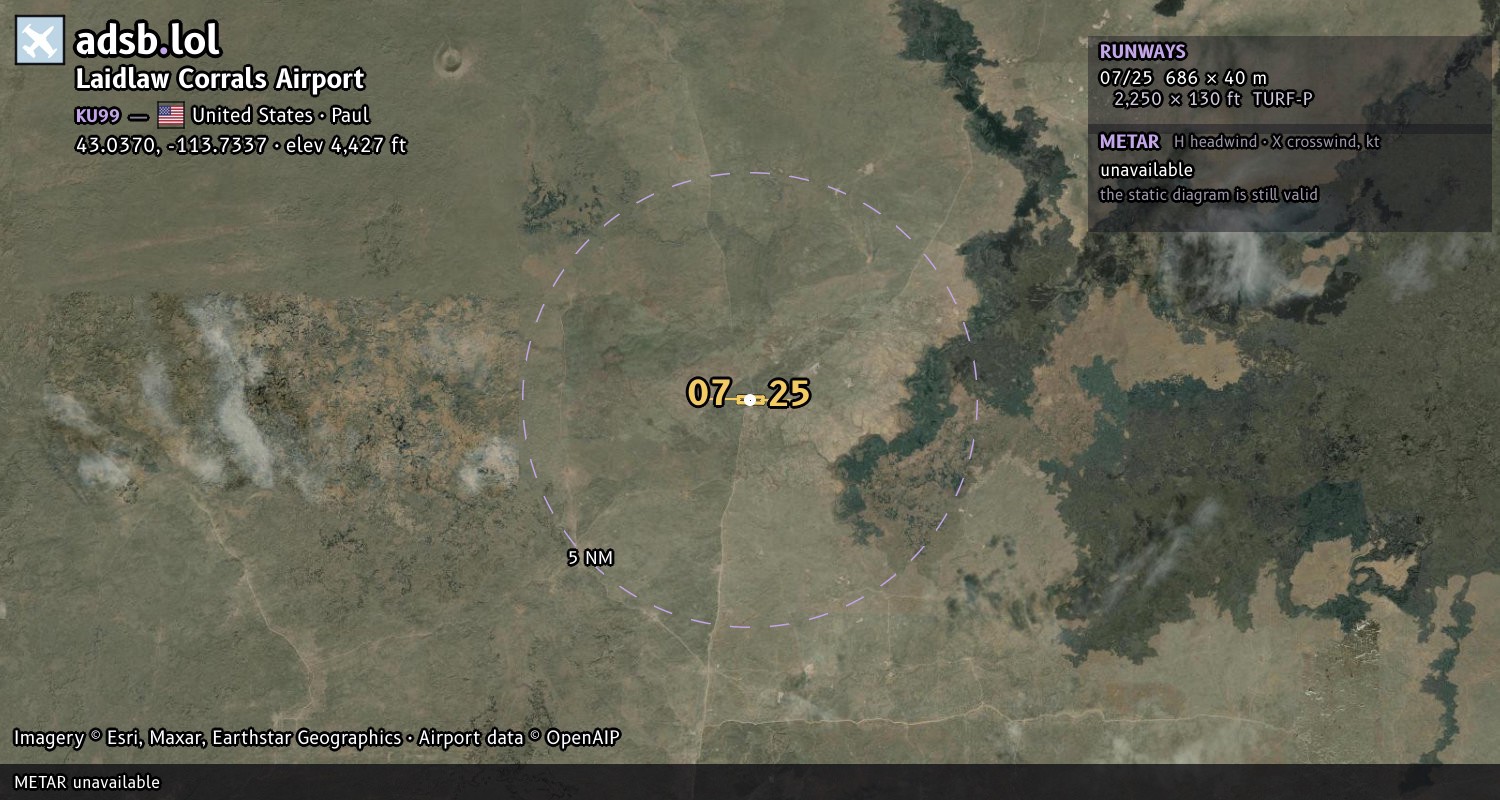 Satellite map with the runway layout of Laidlaw Corrals Airport (KU99)