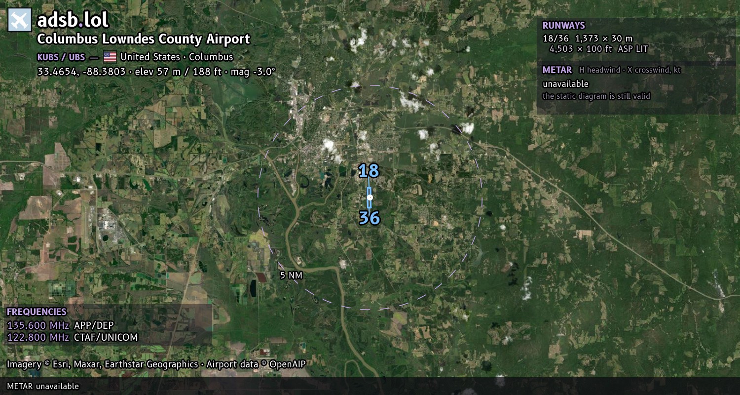 Satellite map with the runway layout of Columbus Lowndes County Airport (KUBS)