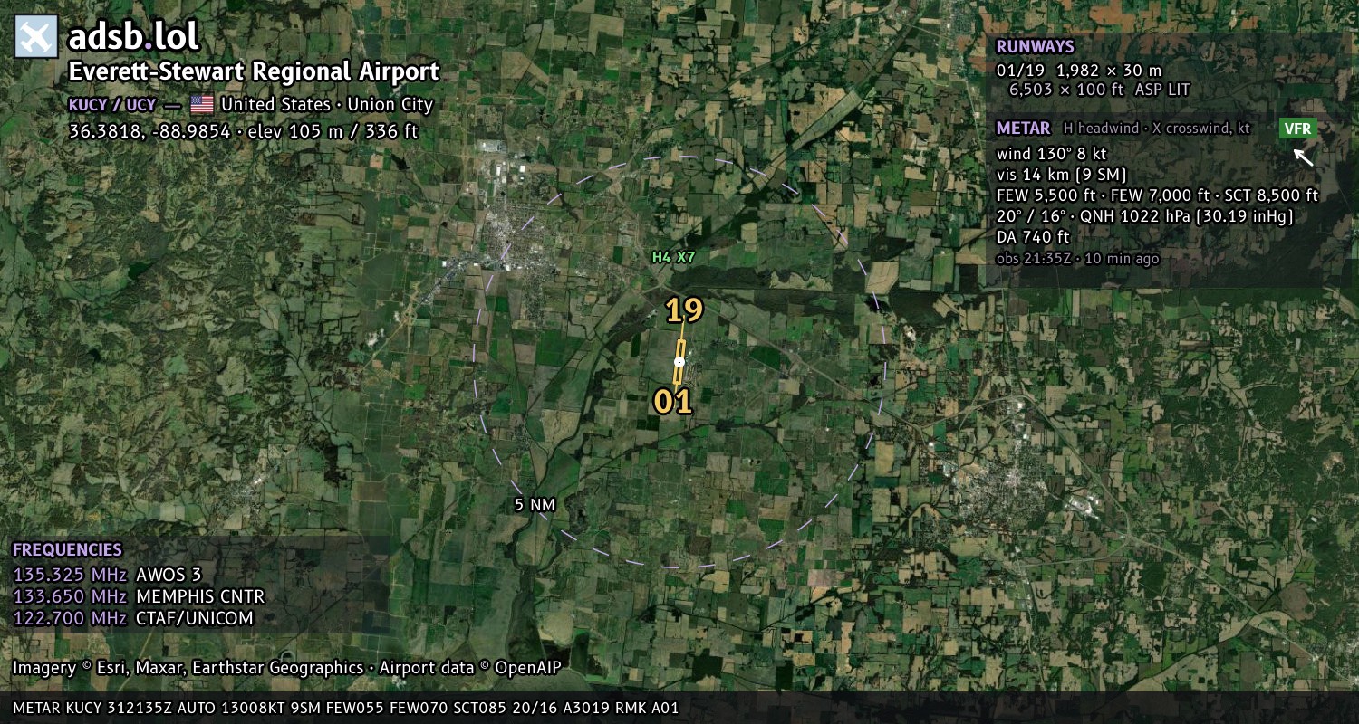 Satellite map with the runway layout of Everett-Stewart Regional Airport (KUCY)