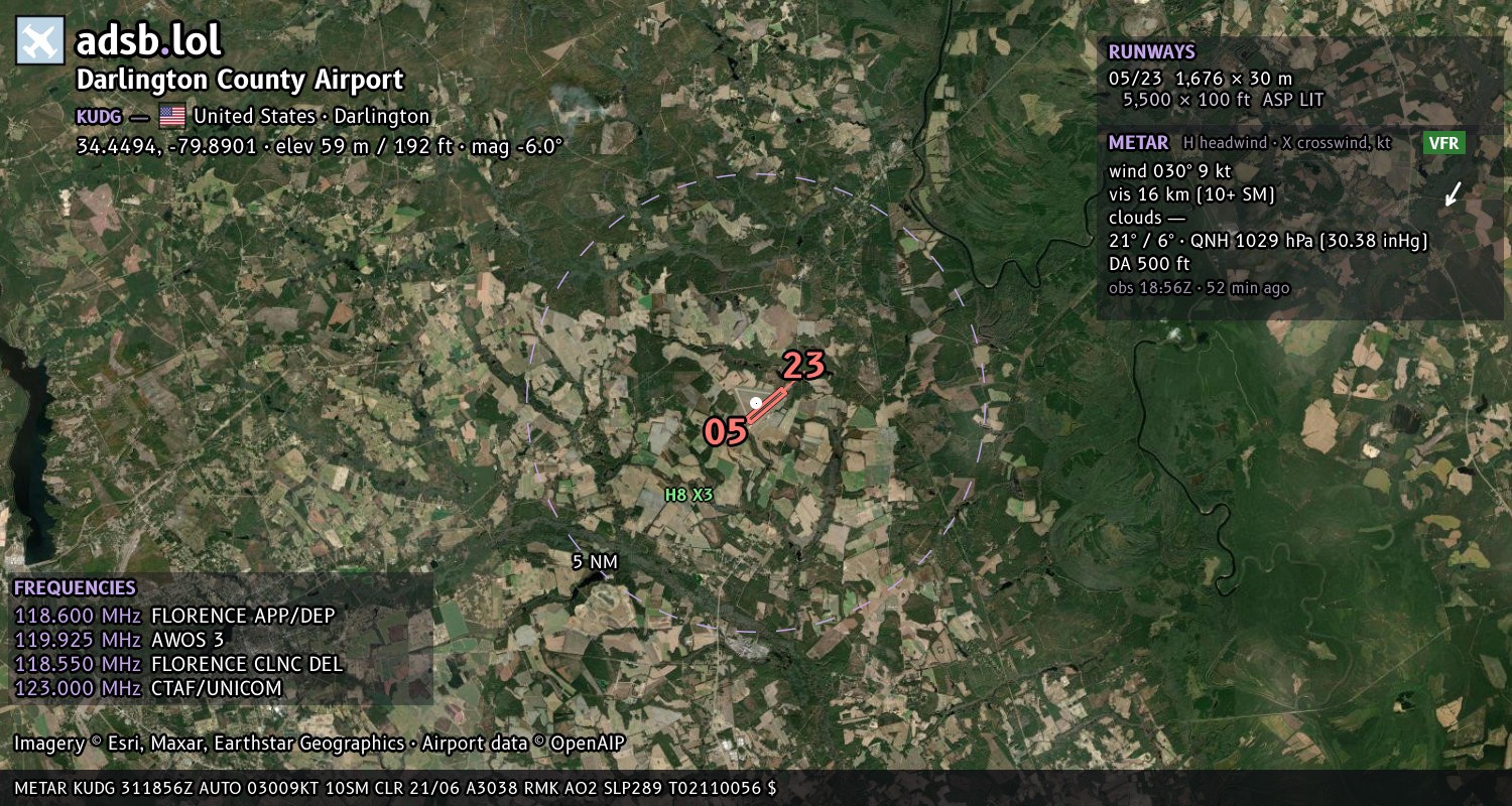 Satellite map with the runway layout of Darlington County Airport (KUDG)