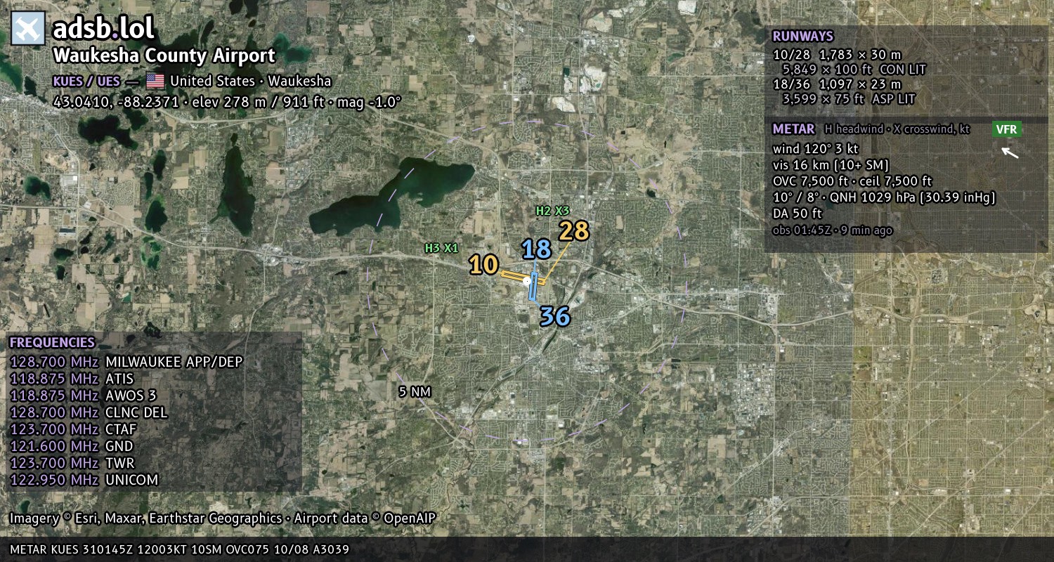 Satellite map with the runway layout of Waukesha County Airport (KUES)