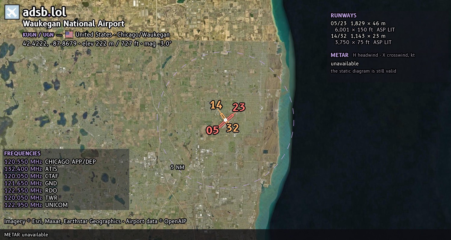 Satellite map with the runway layout of Waukegan National Airport (KUGN)