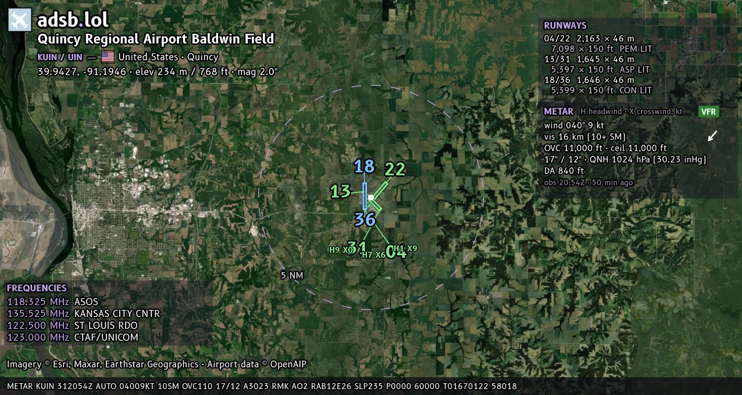 Satellite map with the runway layout of Quincy Regional Airport Baldwin Field (KUIN)