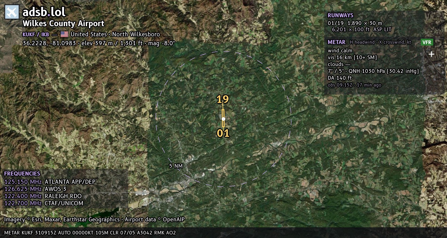Satellite map with the runway layout of Wilkes County Airport (KUKF)