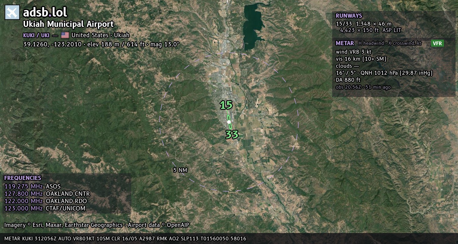 Satellite map with the runway layout of Ukiah Municipal Airport (KUKI)
