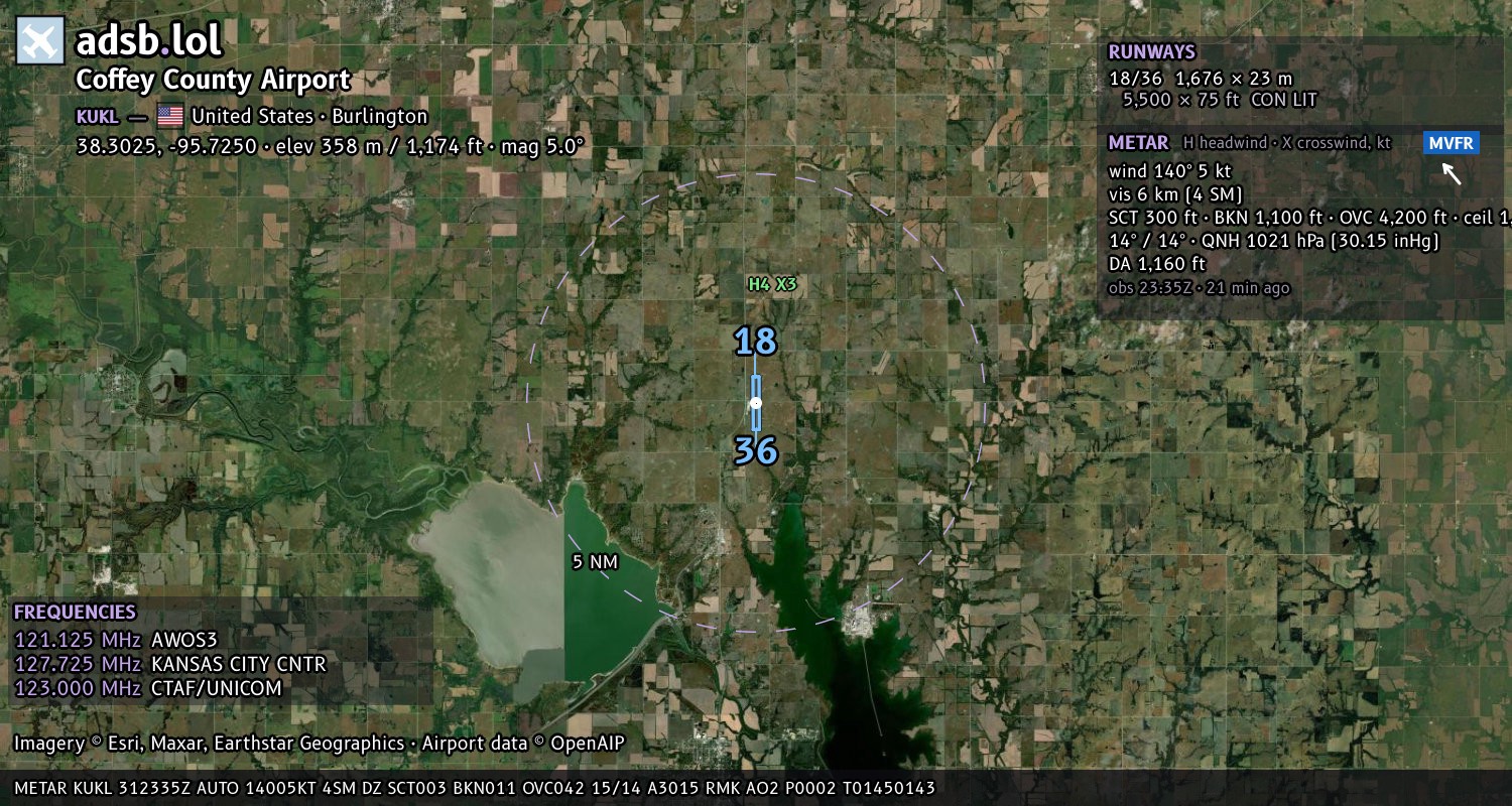 Satellite map with the runway layout of Coffey County Airport (KUKL)