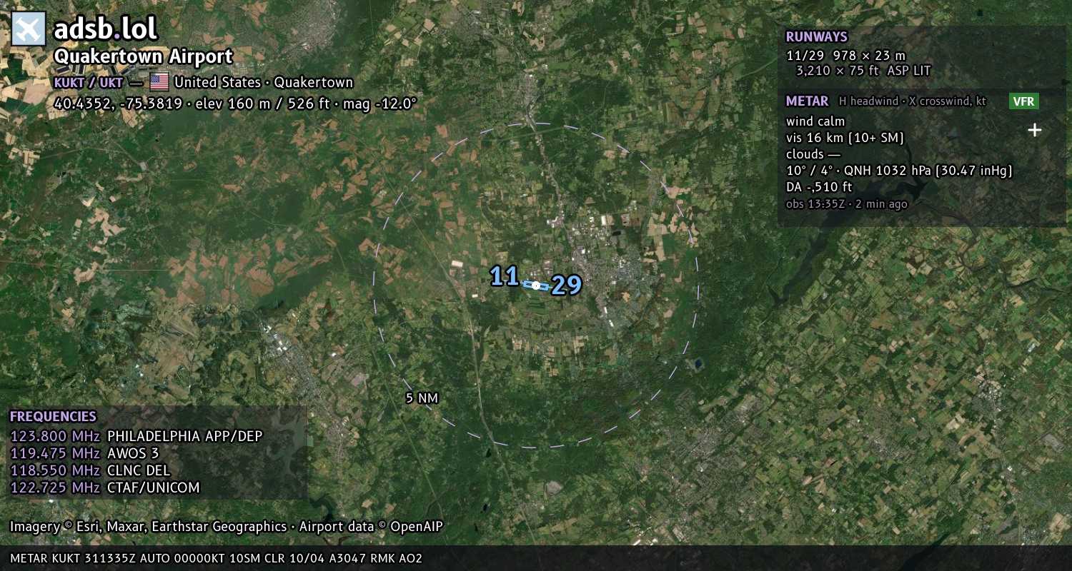 Satellite map with the runway layout of Quakertown Airport (KUKT)