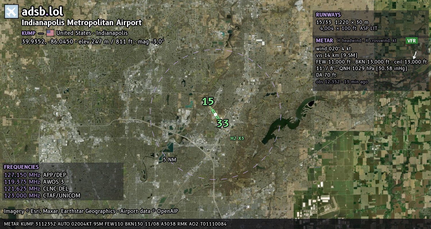 Satellite map with the runway layout of Indianapolis Metropolitan Airport (KUMP)