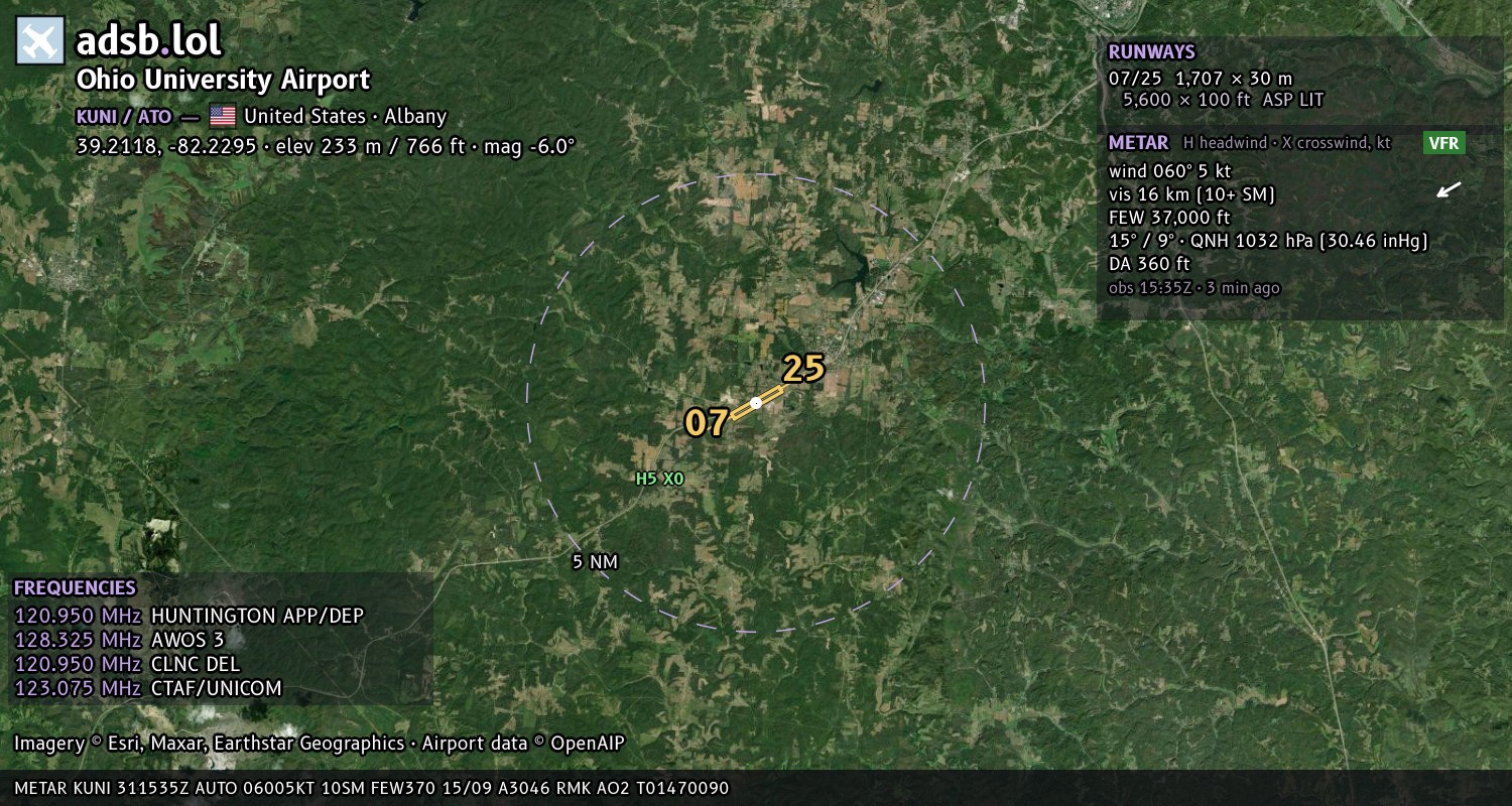 Satellite map with the runway layout of Ohio University Airport (KUNI)