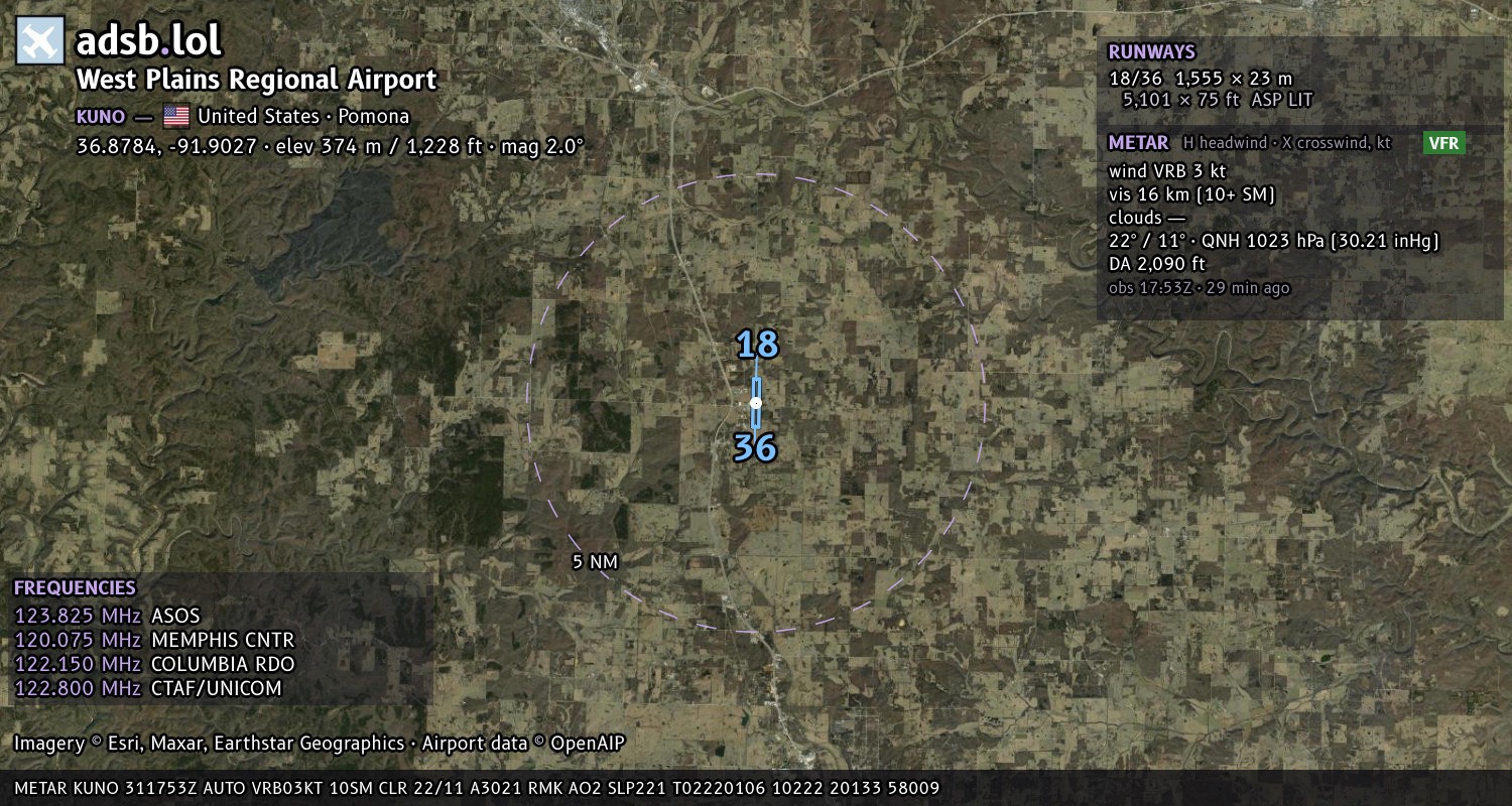 Satellite map with the runway layout of West Plains Regional Airport (KUNO)