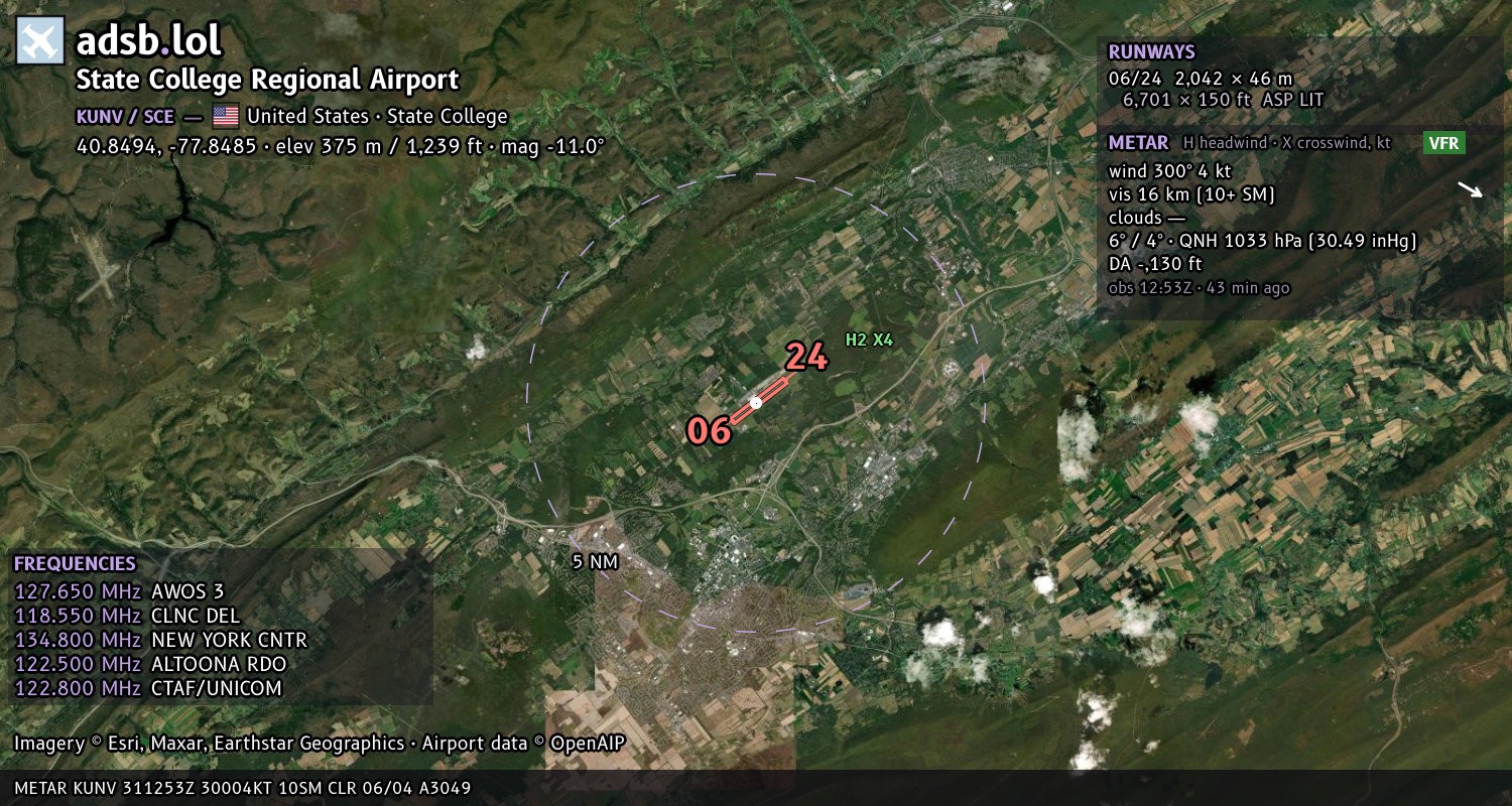 Satellite map with the runway layout of State College Regional Airport (KUNV)