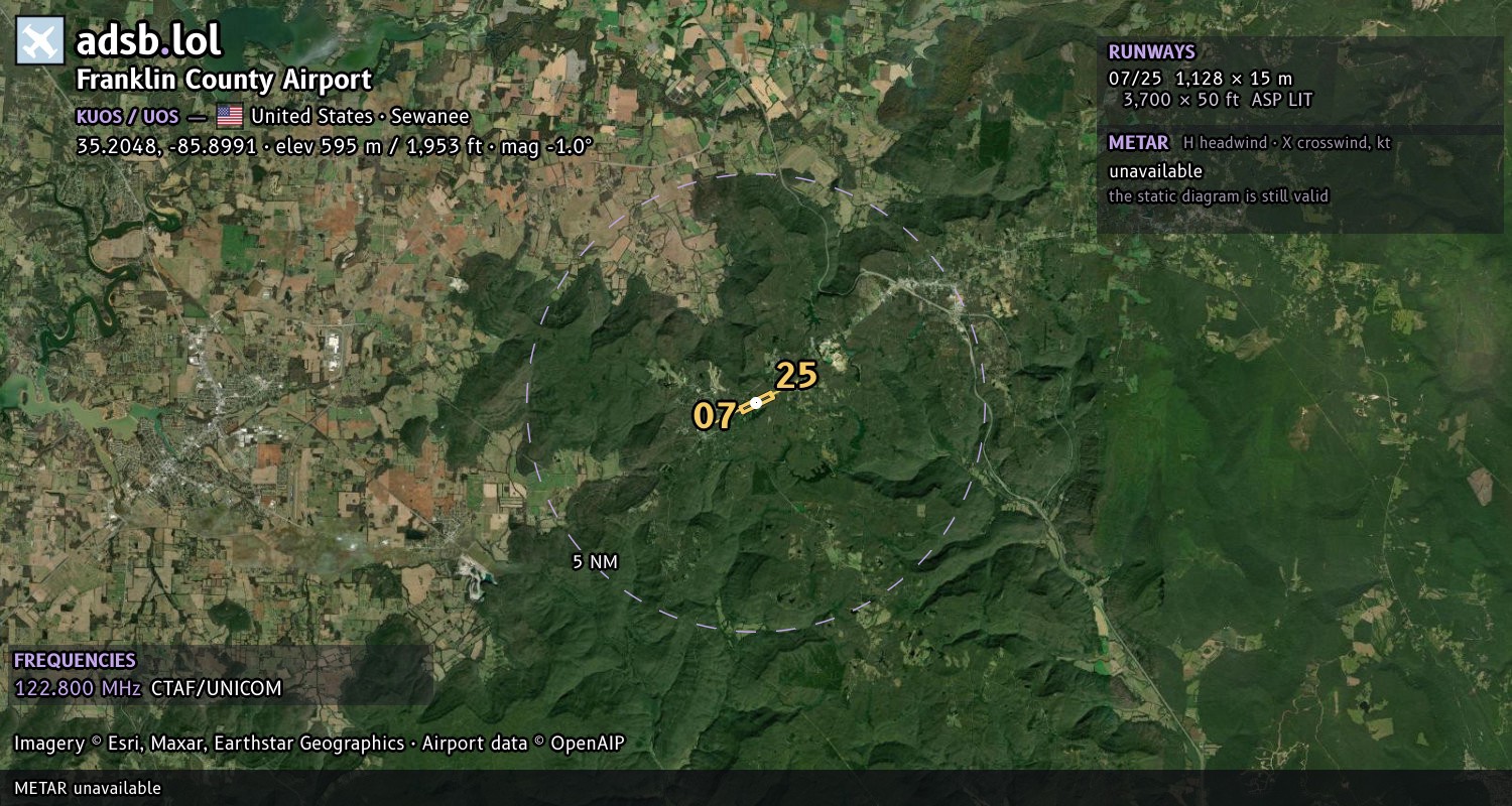 Satellite map with the runway layout of Franklin County Airport (KUOS)