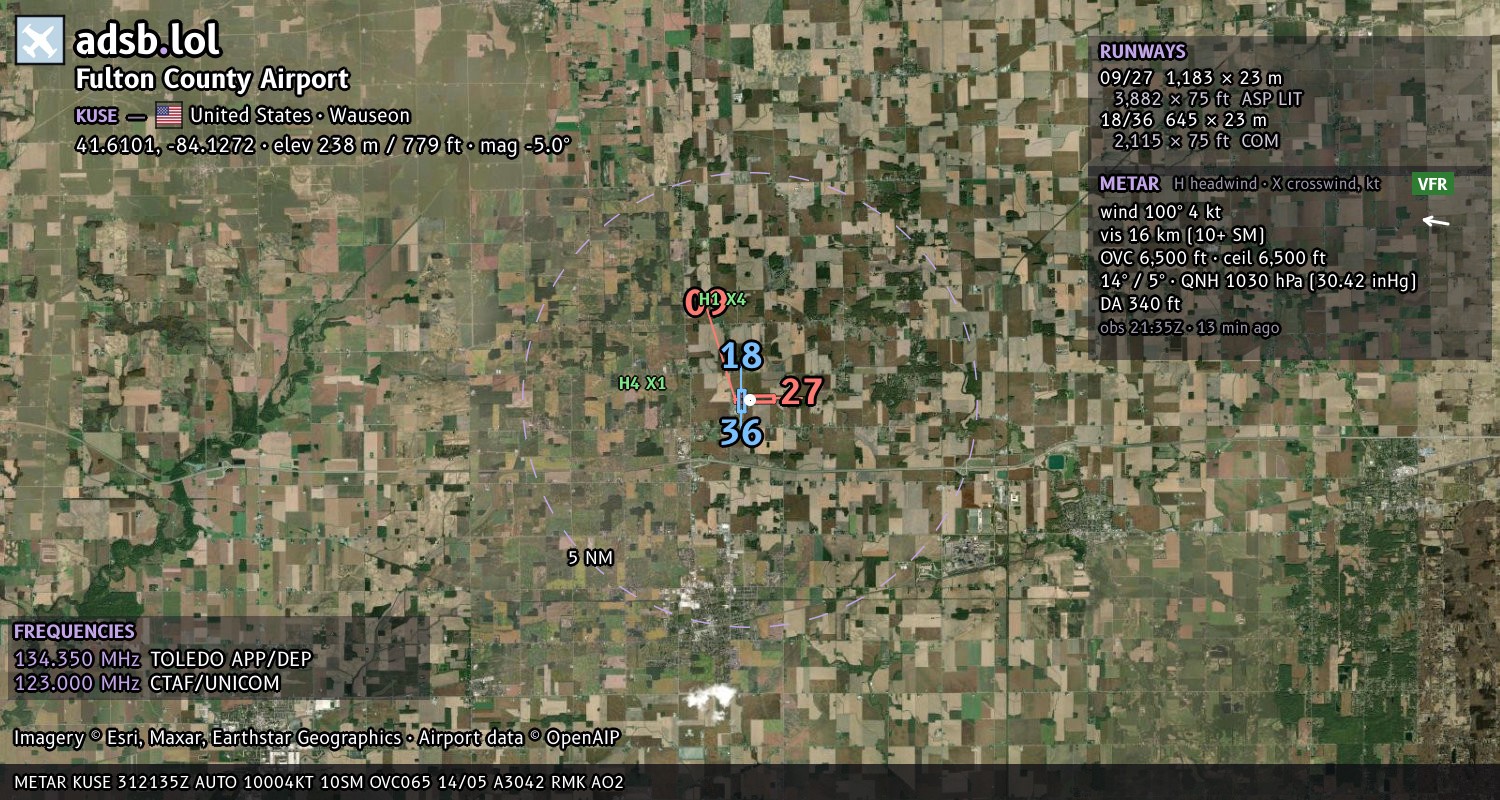 Satellite map with the runway layout of Fulton County Airport (KUSE)