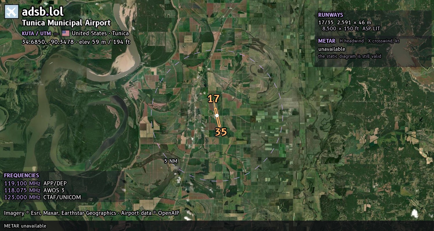 Satellite map with the runway layout of Tunica Municipal Airport (KUTA)