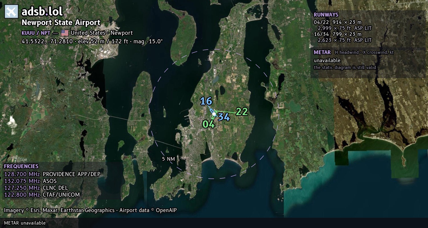Satellite map with the runway layout of Newport State Airport (KUUU)