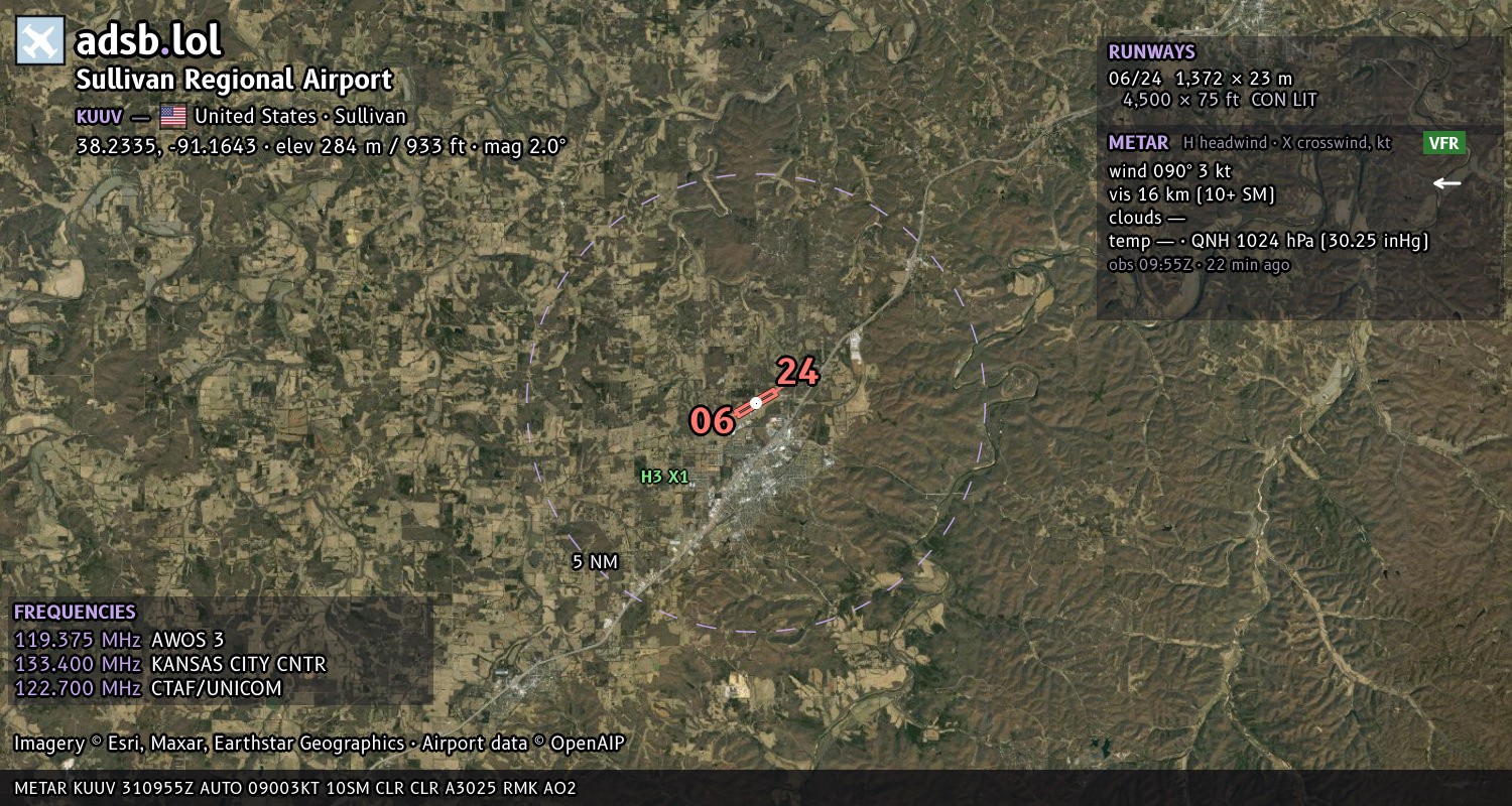 Satellite map with the runway layout of Sullivan Regional Airport (KUUV)