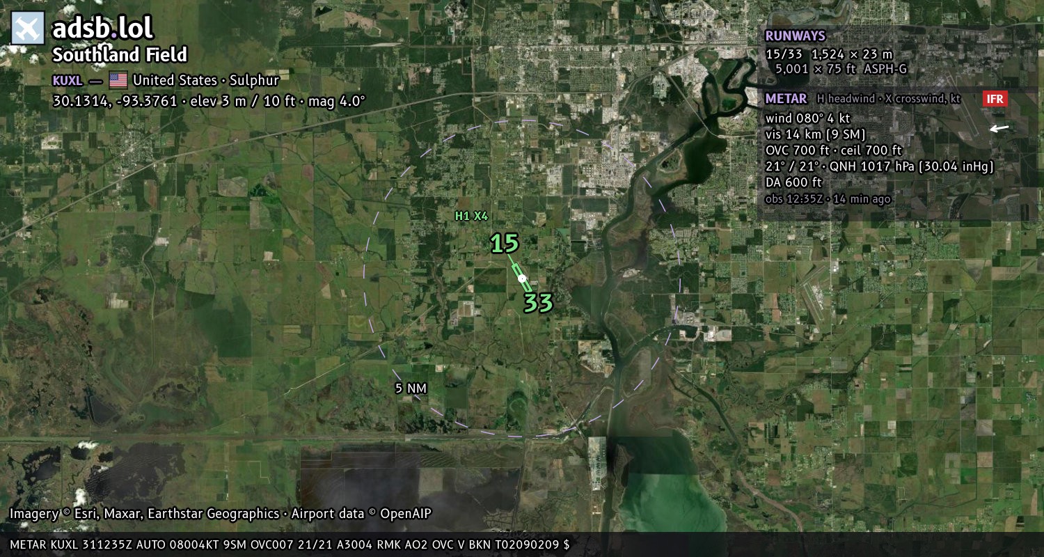Satellite map with the runway layout of Southland Field (KUXL)