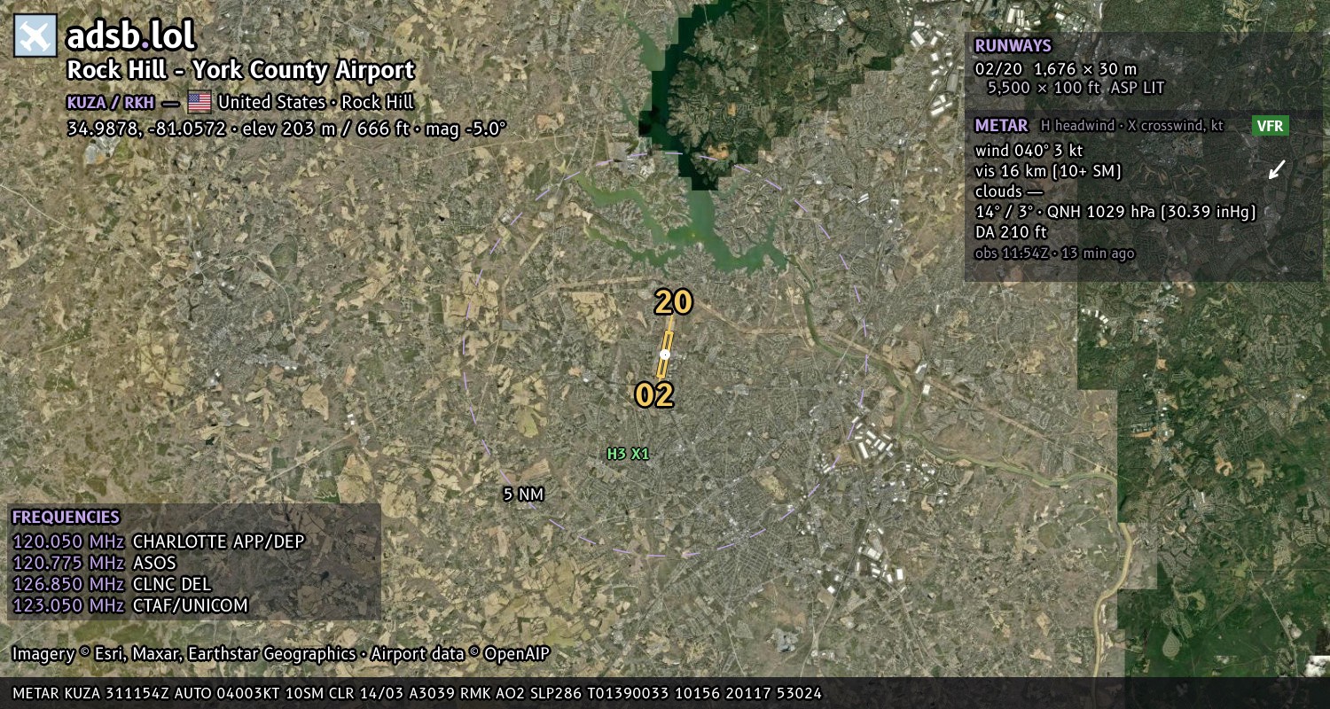 Satellite map with the runway layout of Rock Hill - York County Airport (KUZA)