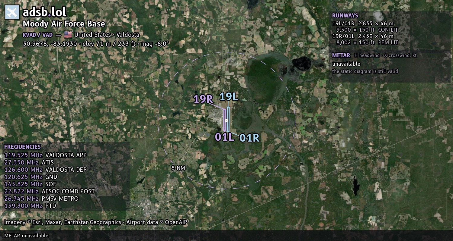 Satellite map with the runway layout of Moody Air Force Base (KVAD)