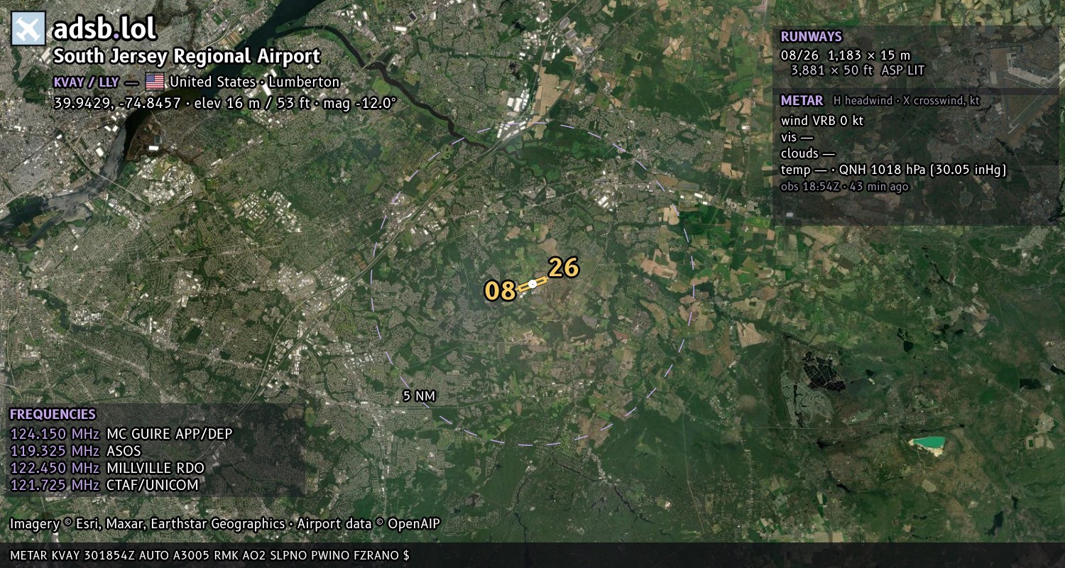 Satellite map with the runway layout of South Jersey Regional Airport (KVAY)