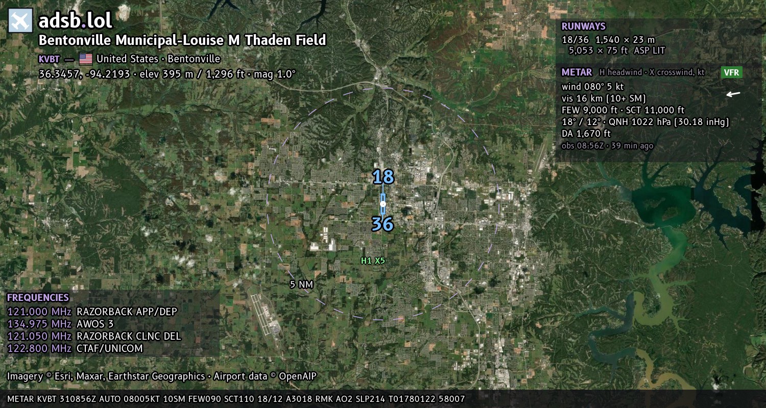 Satellite map with the runway layout of Bentonville Municipal-Louise M Thaden Field (KVBT)