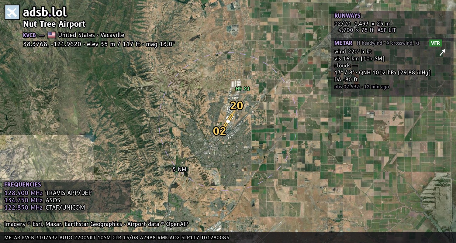 Satellite map with the runway layout of Nut Tree Airport (KVCB)