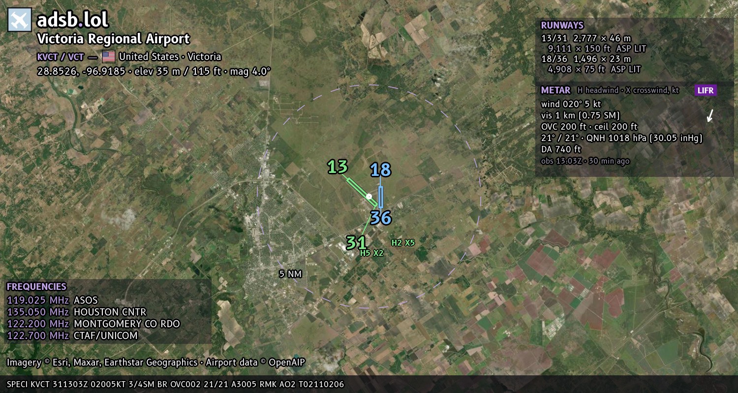Satellite map with the runway layout of Victoria Regional Airport (KVCT)