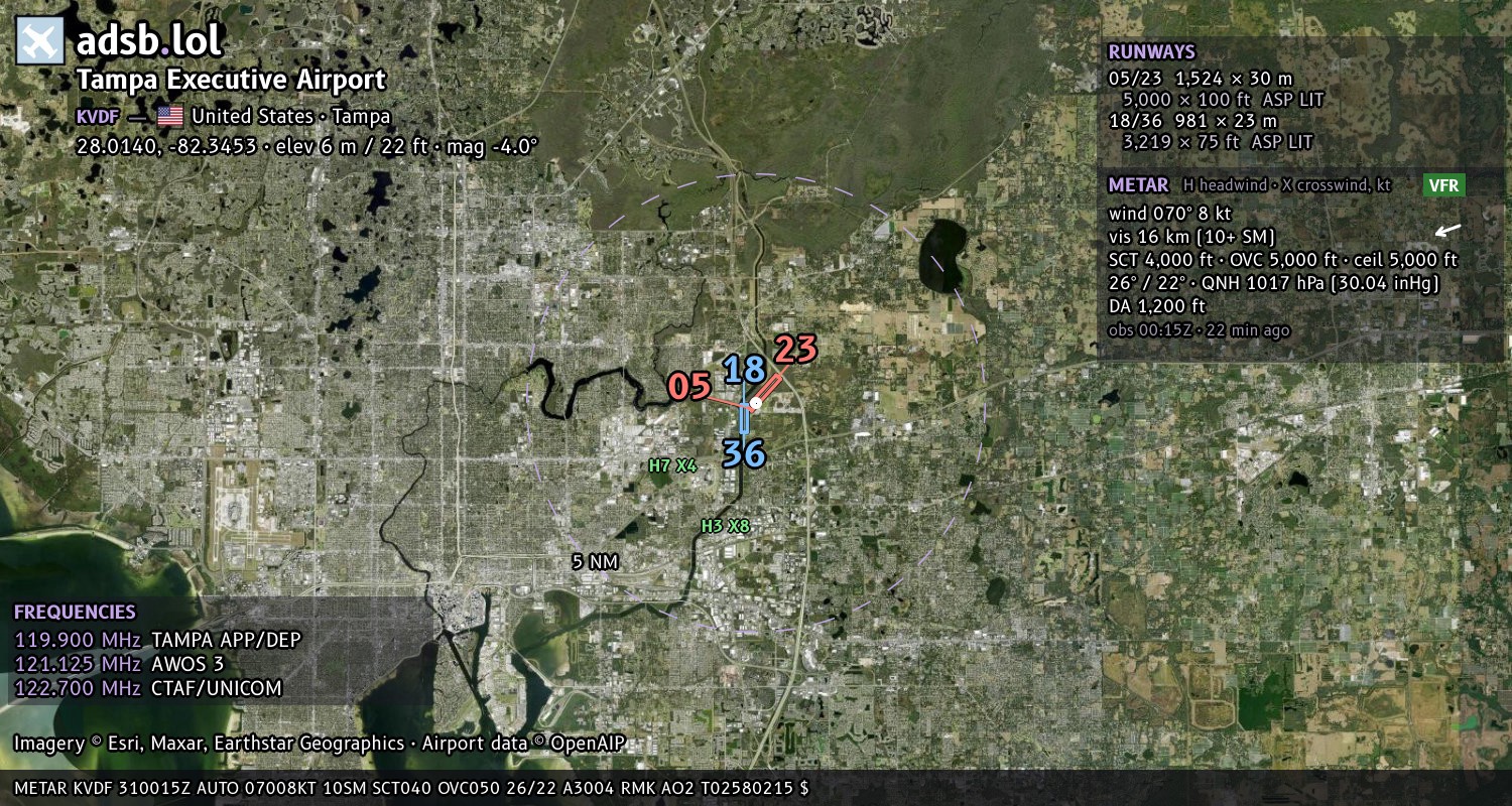 Satellite map with the runway layout of Tampa Executive Airport (KVDF)