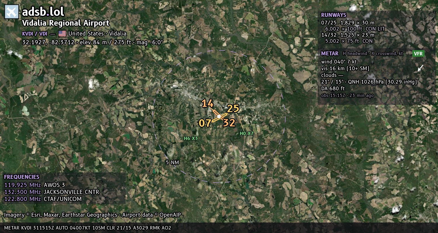 Satellite map with the runway layout of Vidalia Regional Airport (KVDI)