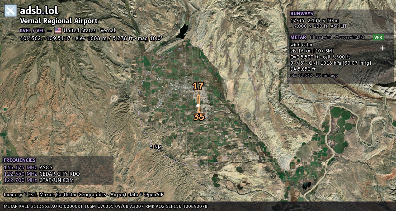 Satellite map with the runway layout of Vernal Regional Airport (KVEL)