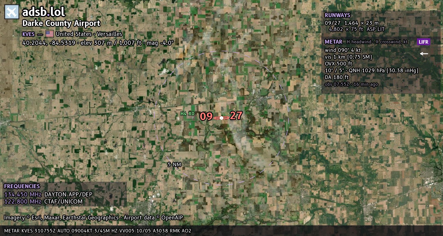 Satellite map with the runway layout of Darke County Airport (KVES)