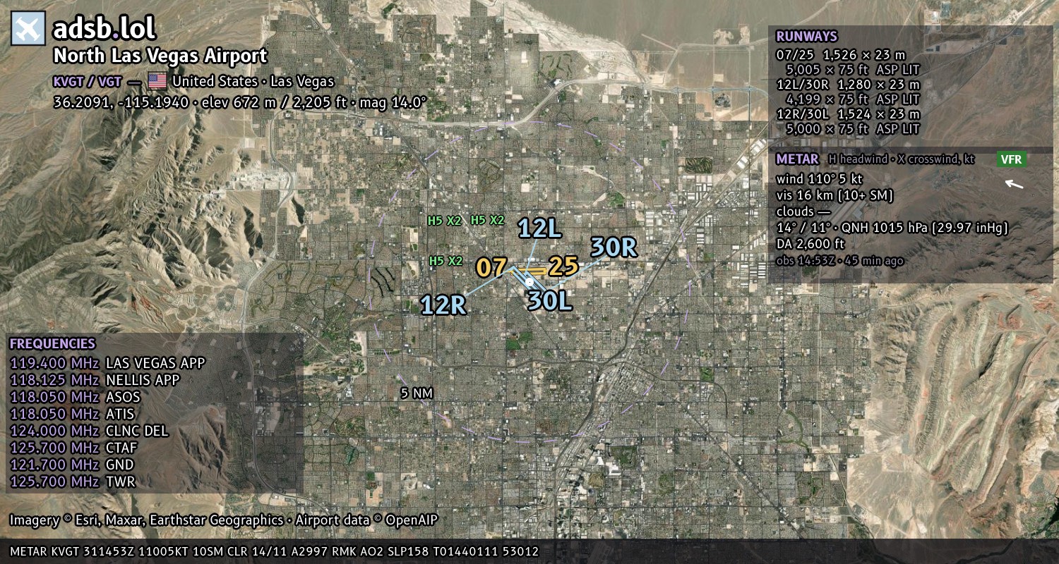 Satellite map with the runway layout of North Las Vegas Airport (KVGT)