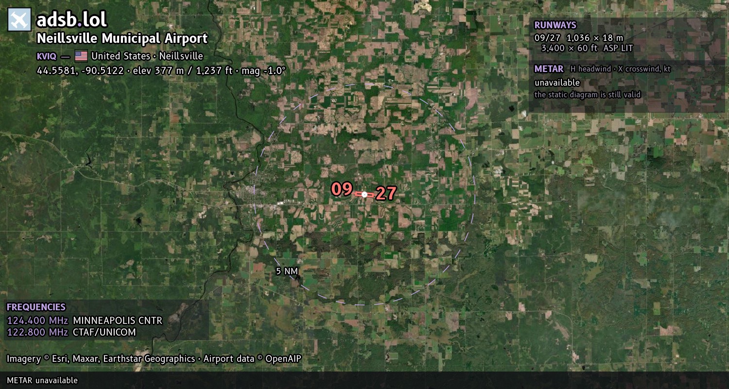 Satellite map with the runway layout of Neillsville Municipal Airport (KVIQ)