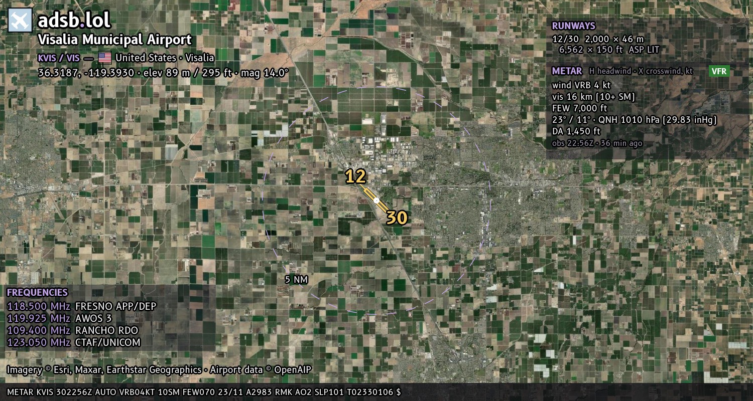 Satellite map with the runway layout of Visalia Municipal Airport (KVIS)