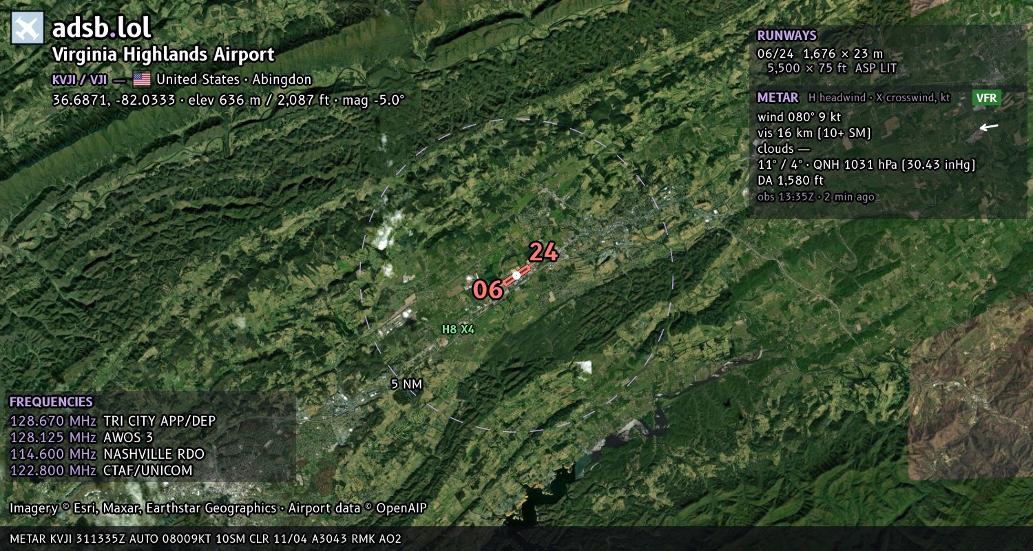 Satellite map with the runway layout of Virginia Highlands Airport (KVJI)