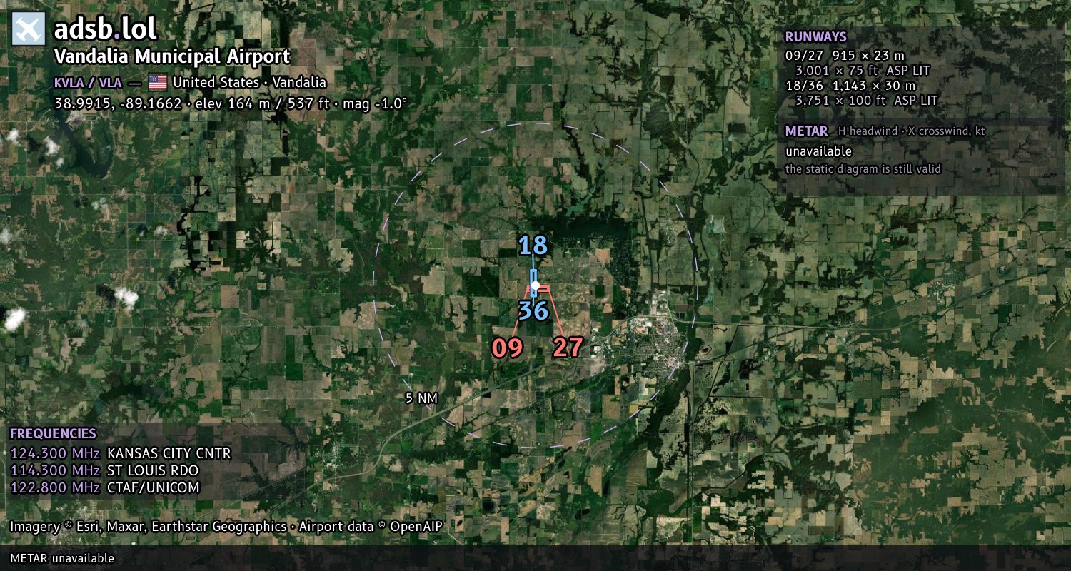 Satellite map with the runway layout of Vandalia Municipal Airport (KVLA)