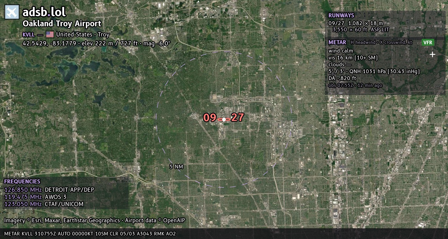 Satellite map with the runway layout of Oakland Troy Airport (KVLL)
