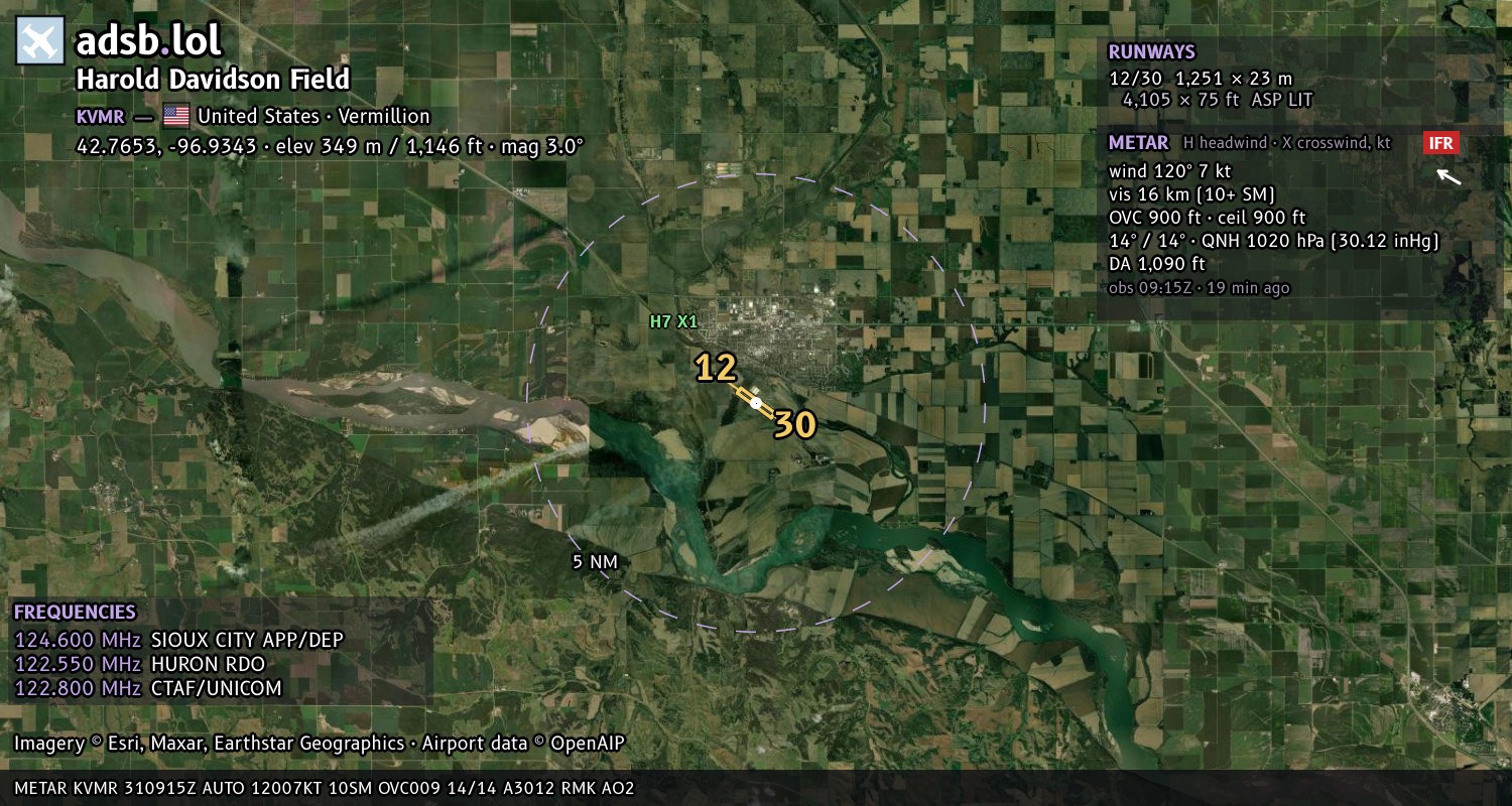 Satellite map with the runway layout of Harold Davidson Field (KVMR)