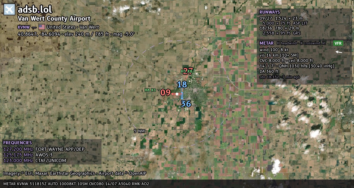 Satellite map with the runway layout of Van Wert County Airport (KVNW)