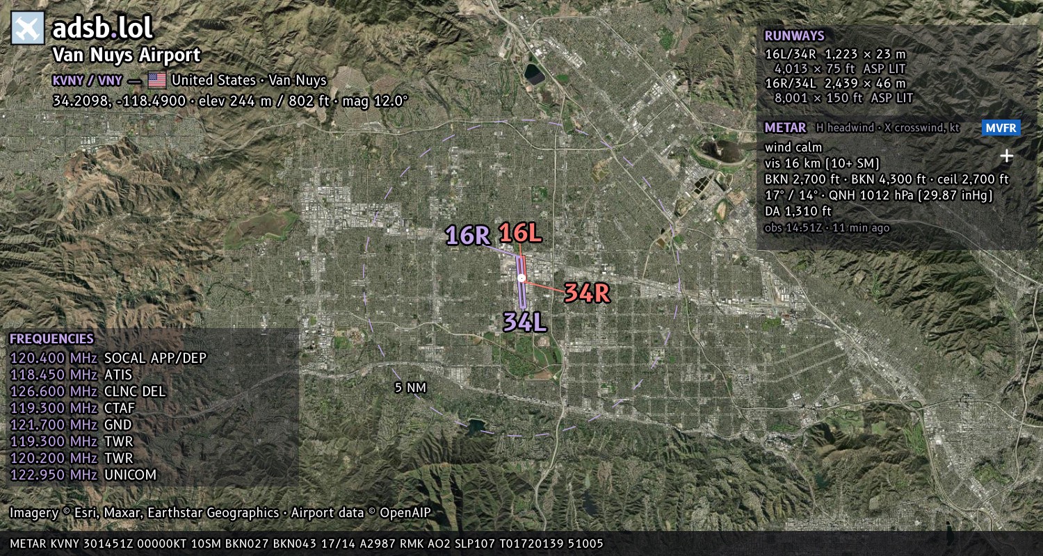 Satellite map with the runway layout of Van Nuys Airport (KVNY)