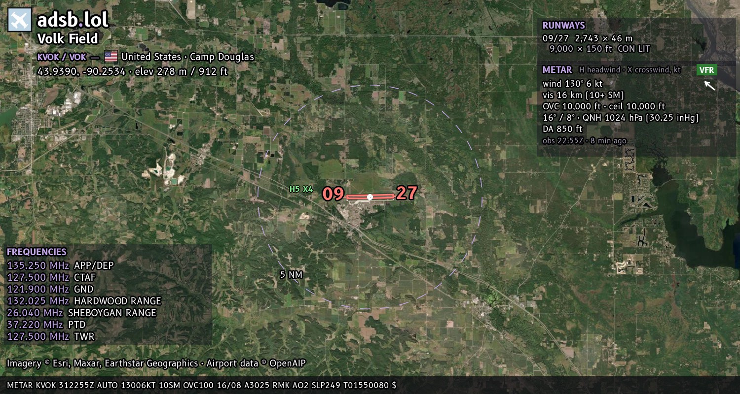 Satellite map with the runway layout of Volk Field (KVOK)