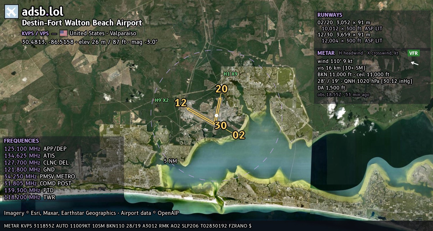 Satellite map with the runway layout of Destin-Fort Walton Beach Airport (KVPS)