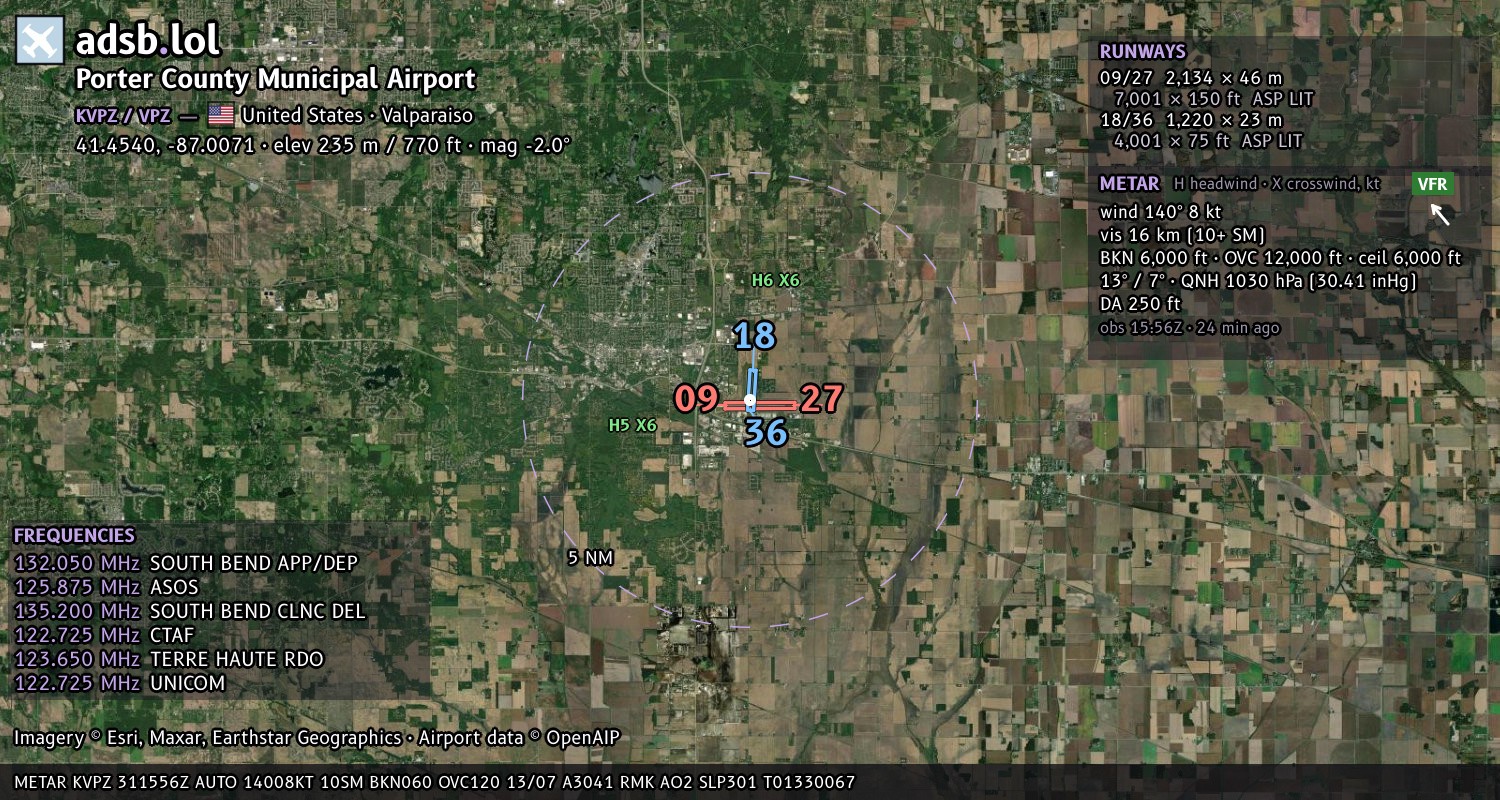 Satellite map with the runway layout of Porter County Municipal Airport (KVPZ)