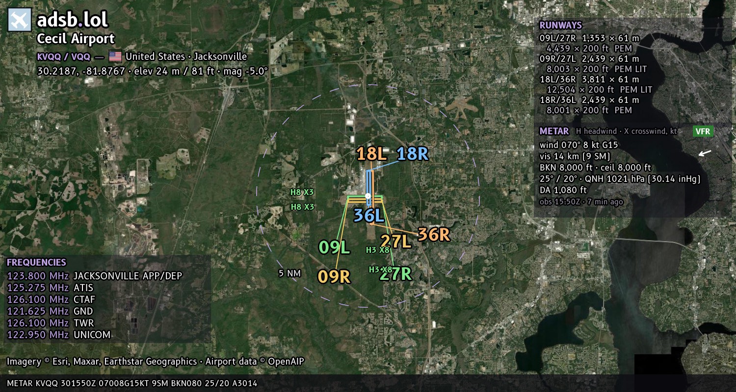 Satellite map with the runway layout of Cecil Airport (KVQQ)