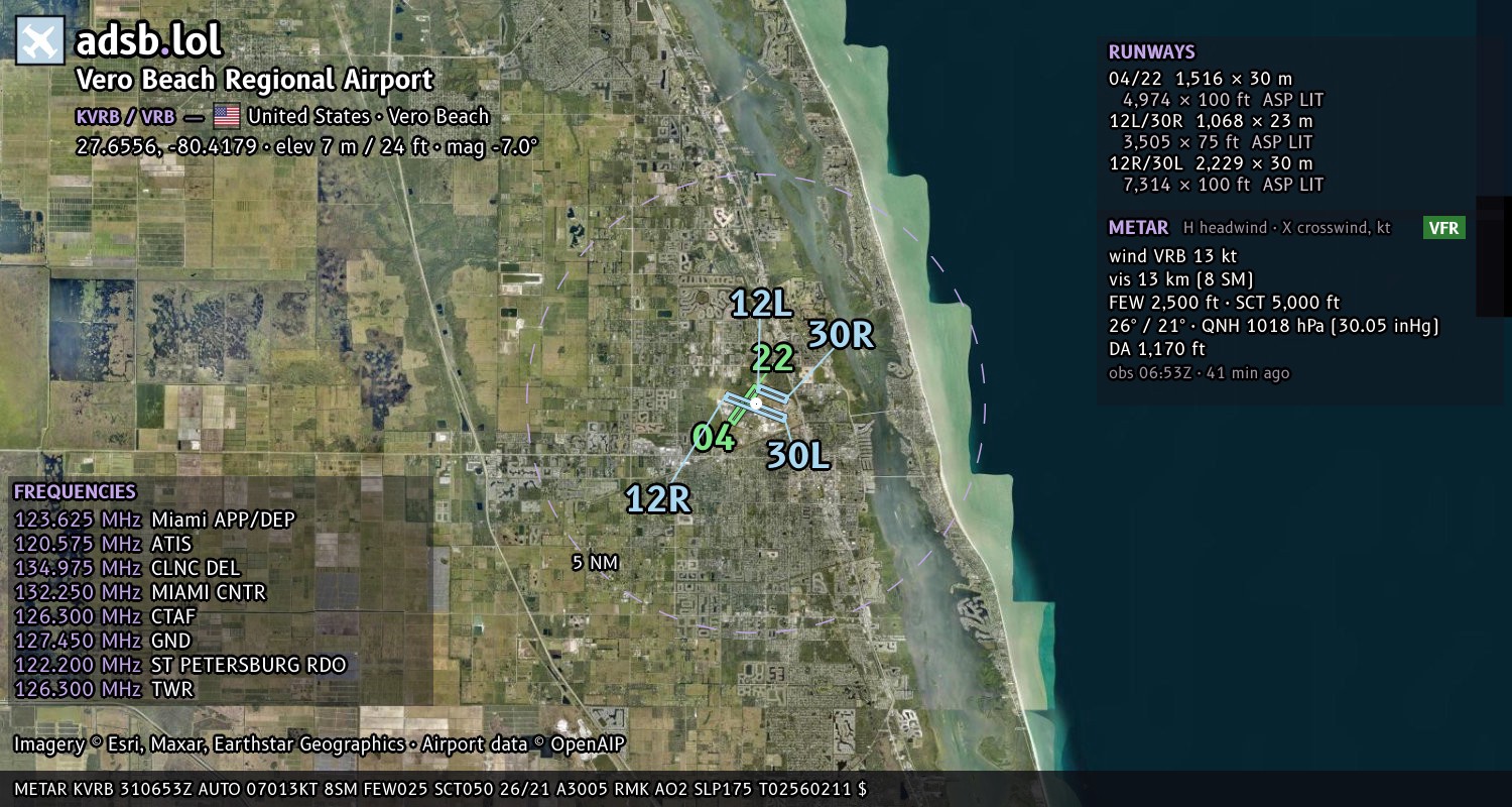 Satellite map with the runway layout of Vero Beach Regional Airport (KVRB)