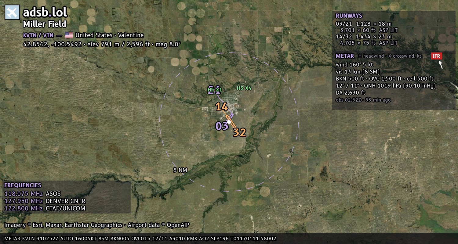 Satellite map with the runway layout of Miller Field (KVTN)