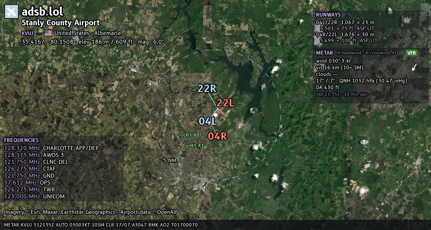 Satellite map with the runway layout of Stanly County Airport (KVUJ)