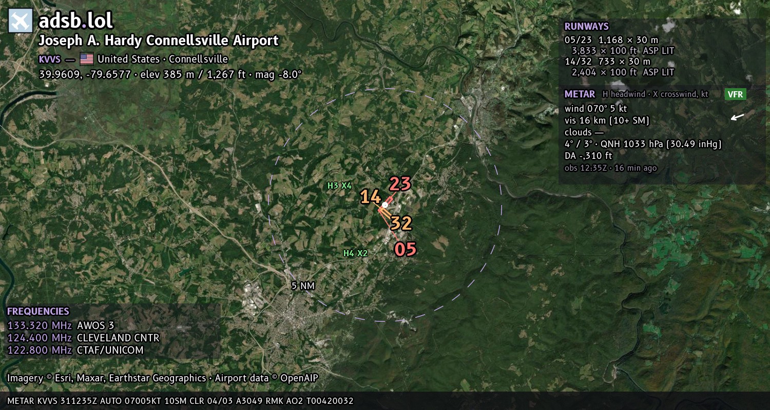 Satellite map with the runway layout of Joseph A. Hardy Connellsville Airport (KVVS)