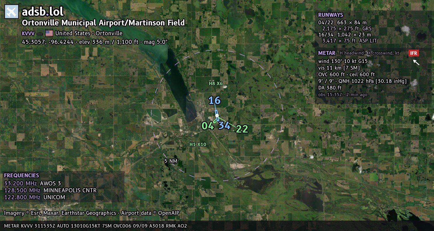 Satellite map with the runway layout of Ortonville Municipal Airport/Martinson Field (KVVV)