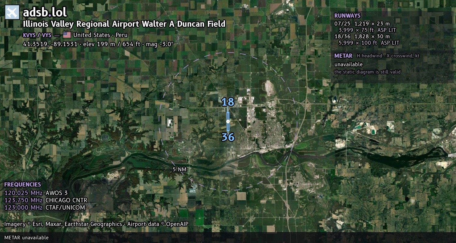 Satellite map with the runway layout of Illinois Valley Regional Airport Walter A Duncan Field (KVYS)